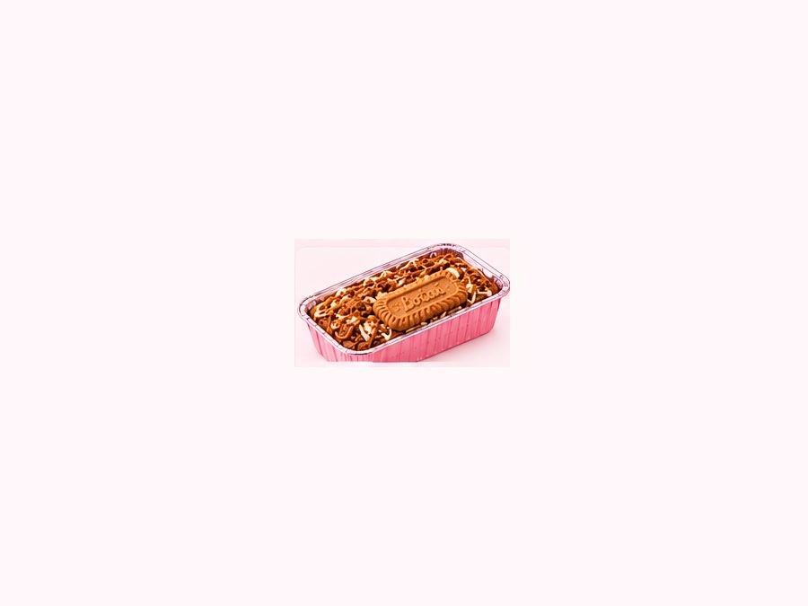 Biscoff Brownie studio-style product illustration in a pink foil tray