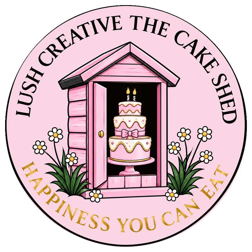 Lush Creative The Cake Shed pink logo with cake and daisies